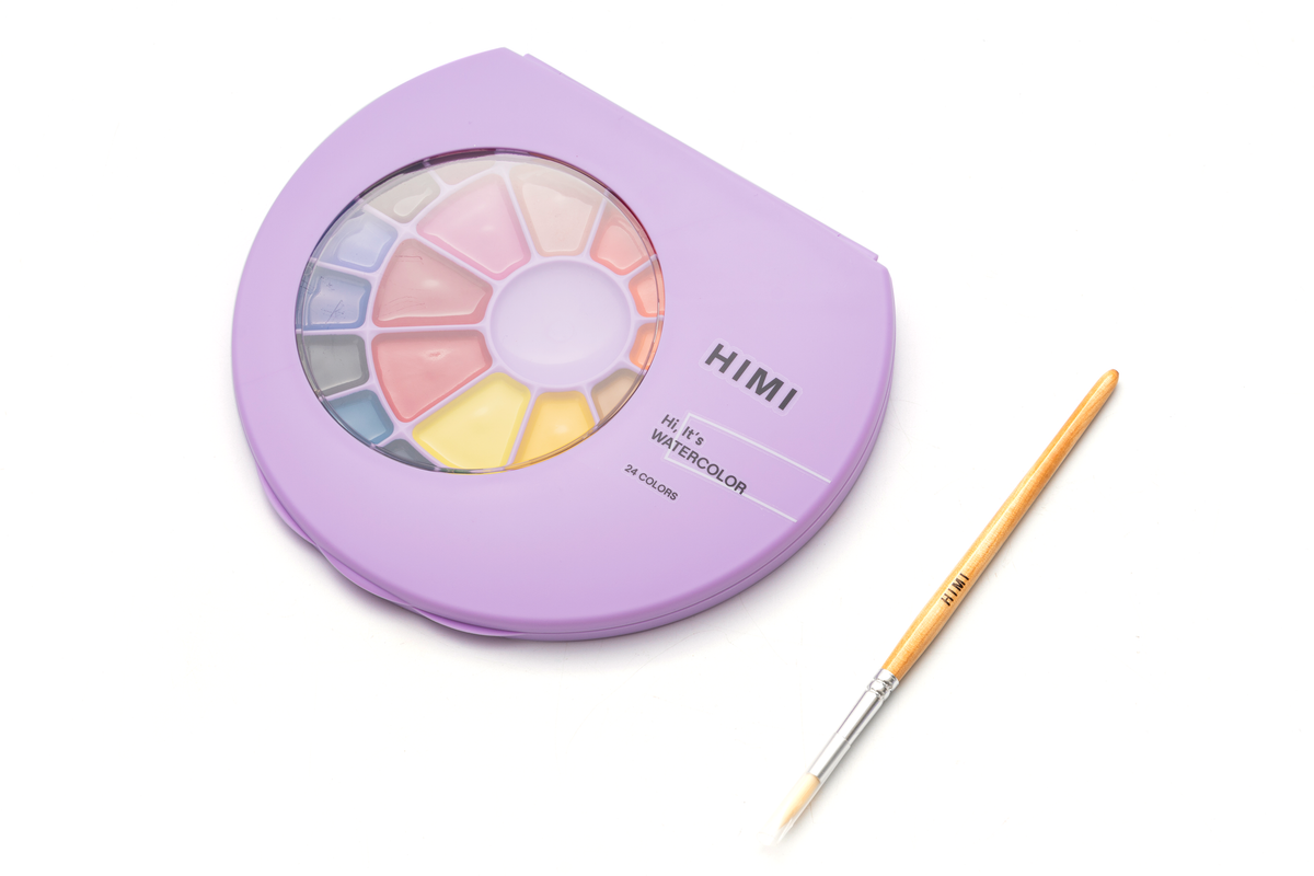 HIMI Semi-Moist Watercolour Set, 24 Pans, Brush, Purple Case
