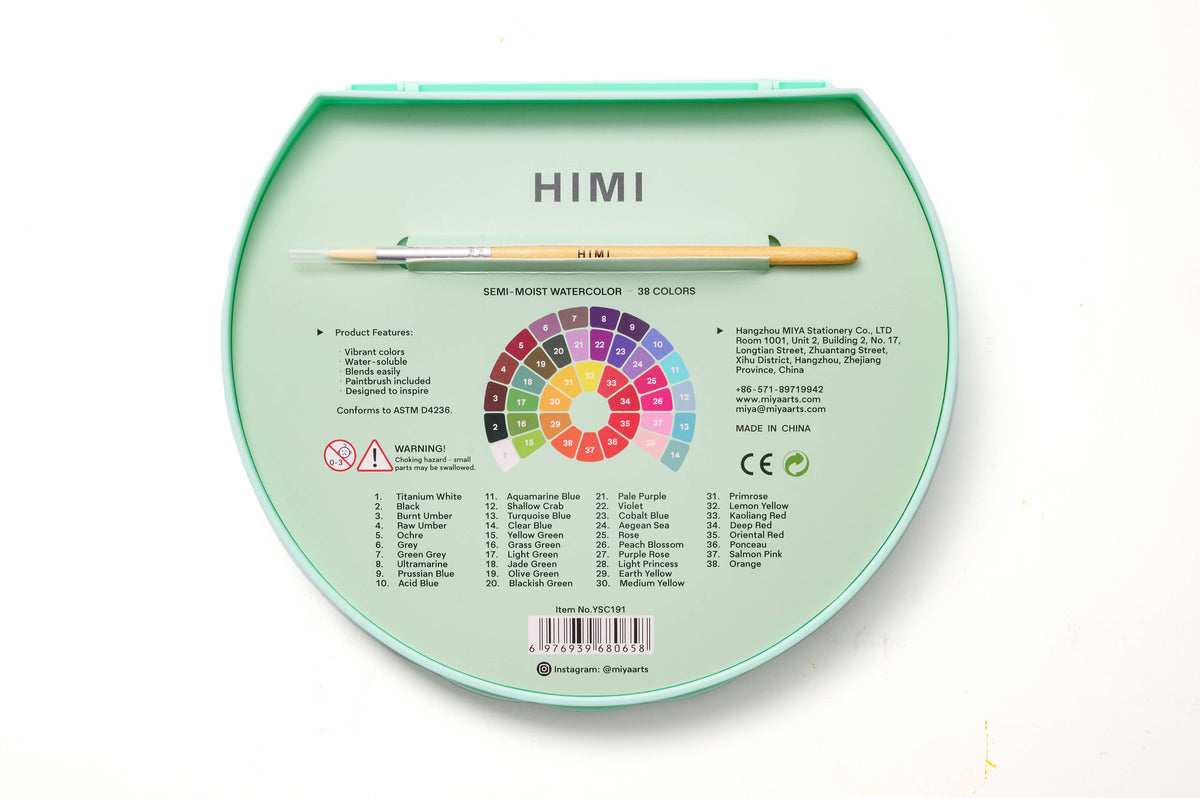 HIMI Semi-Moist Watercolour Set, 38 Pans, Brush, Green Case