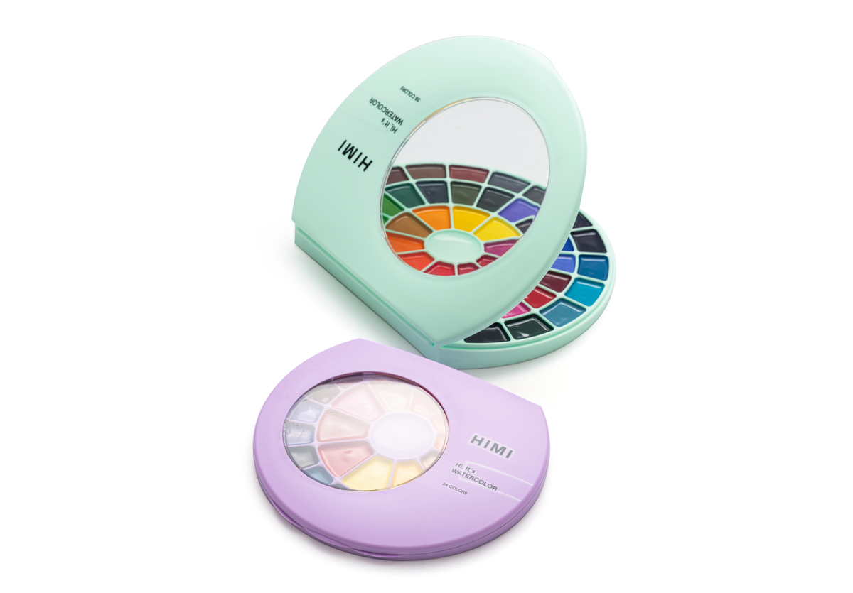 HIMI Semi-Moist Watercolour Set, 24 Pans, Brush, Purple Case