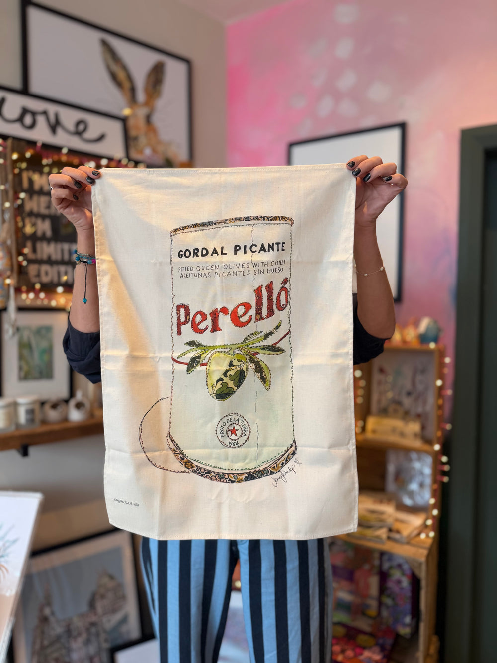 Olives organic cotton tea towel by Jenny Dunlop