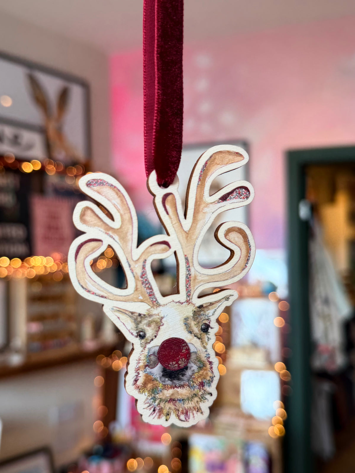 Rudolph the reindeer wooden Christmas decoration by Jenny Dunlop