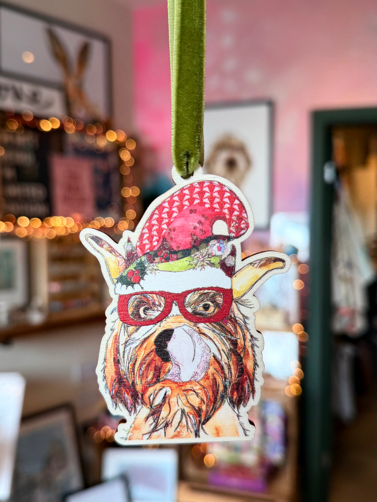 Wire-haired Christmas dog wooden decoration by Jenny Dunlop