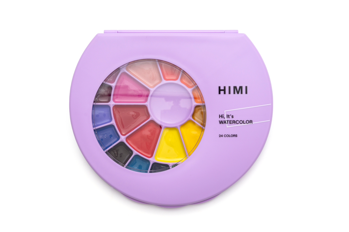 HIMI Semi-Moist Watercolour Set, 24 Pans, Brush, Purple Case