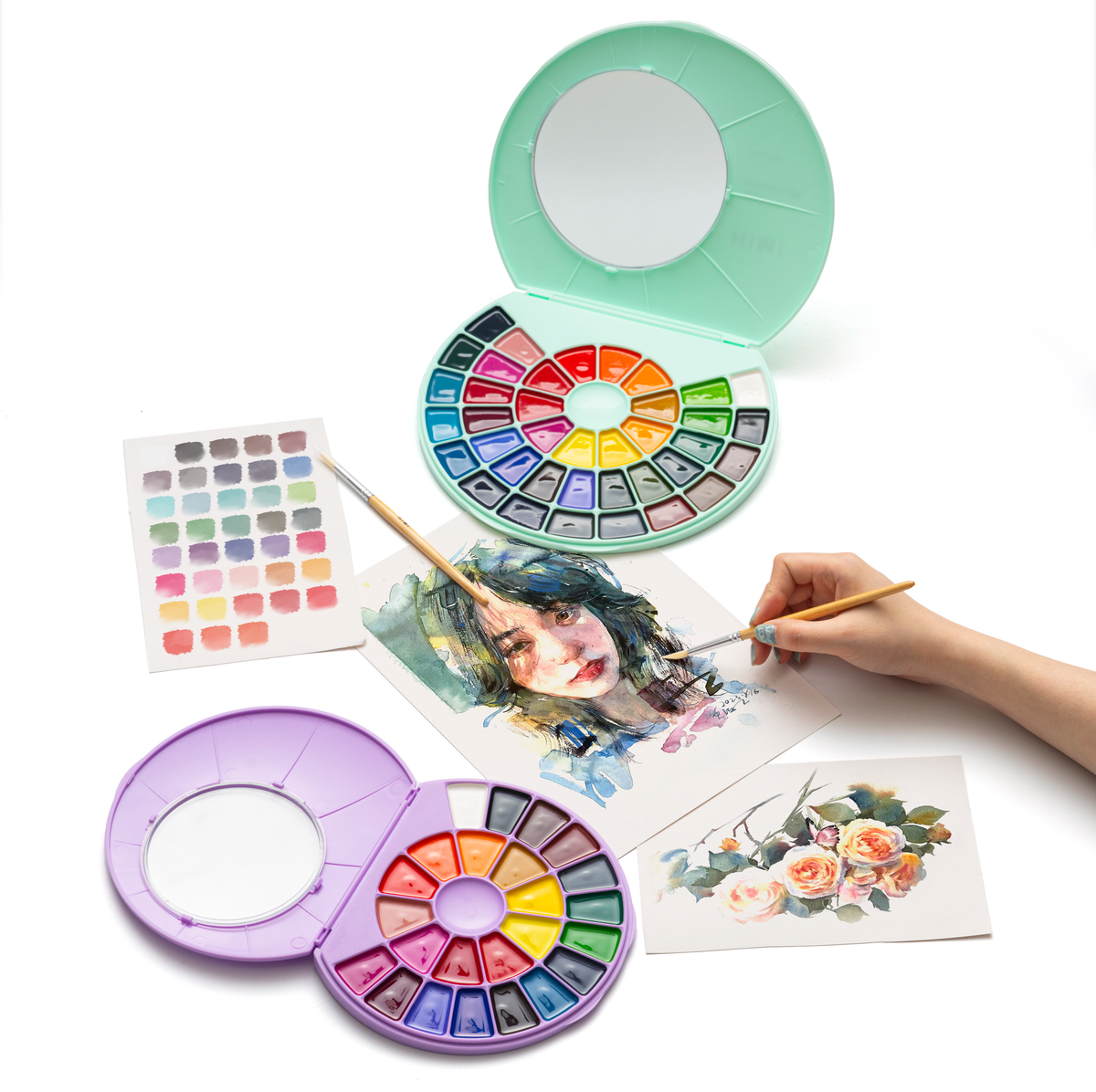 HIMI Semi-Moist Watercolour Set, 38 Pans, Brush, Green Case