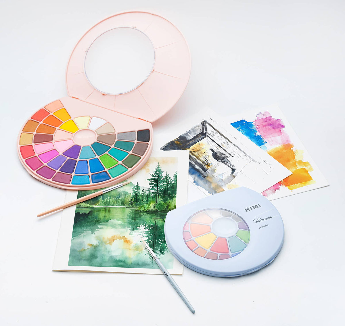 HIMI Solid Watercolour Set 24 Colours In Pans + Brush, Blue