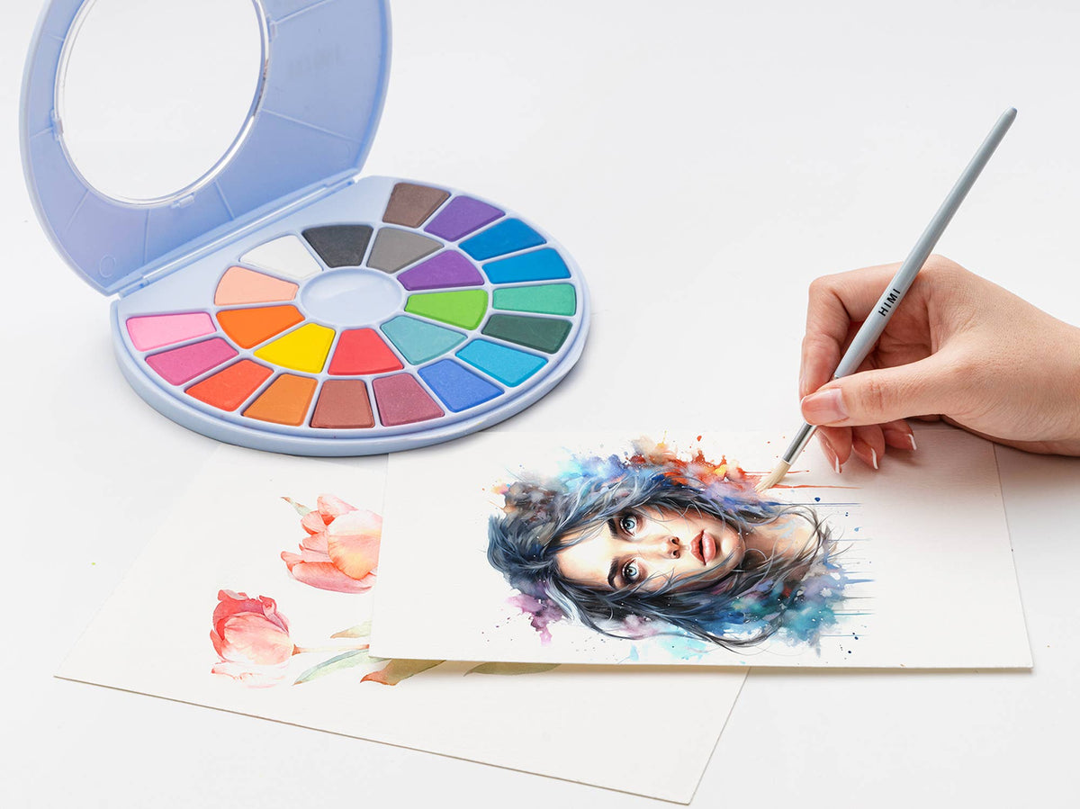 HIMI Solid Watercolour Set 24 Colours In Pans + Brush, Blue