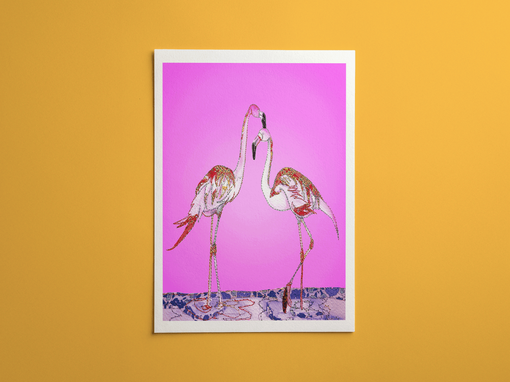 Flamingos print, framed on a wall