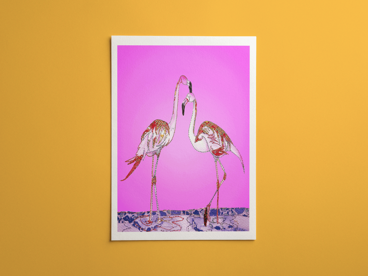 Flamingos print, framed on a wall