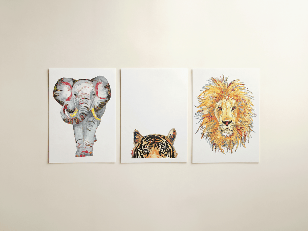 Elephant, lion and tiger prints as a set of three