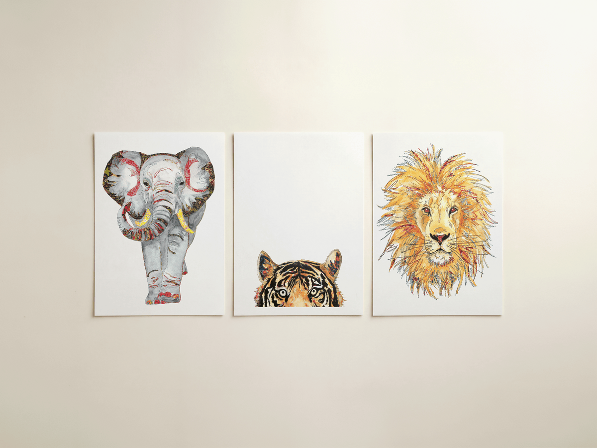 Elephant, lion and tiger prints as a set of three