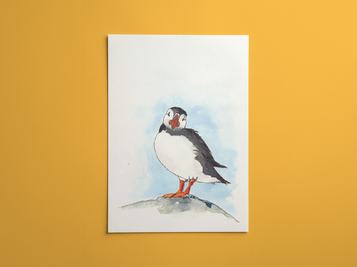 Puffin print, framed on a wall