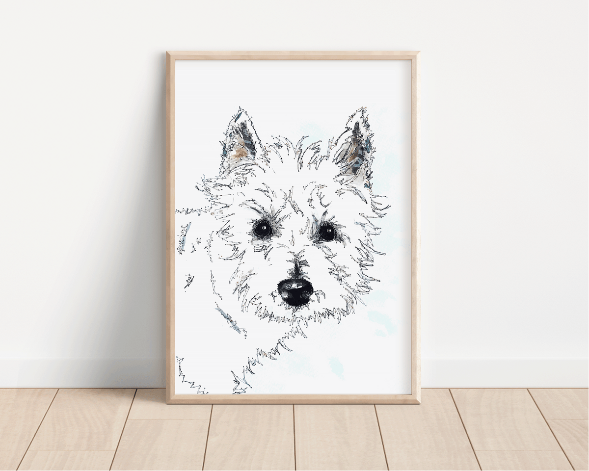 Westie print, framed on a wall